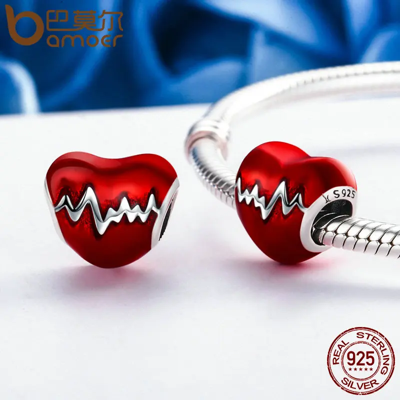 Женский браслет из серебра 100% пробы с сердечками и ЭКГ|enamel beads|beads fitbead bracelet |
