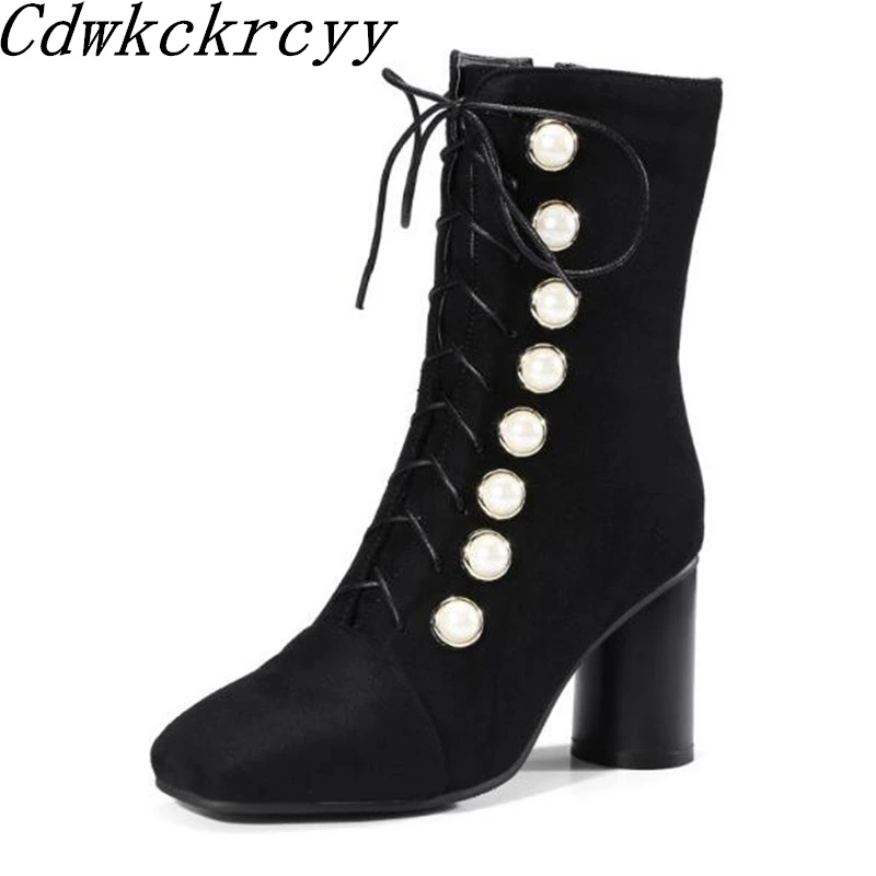 Autumn and winter New style fashion black sexy Pearl rivet Square head High-heeled Short boots Cashmere Keep warm Women Boots