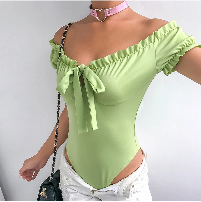 Для женщин Off Shoulder Ruffle боди с короткими рукавами комбинезон с бантом женские Однотонная одежда Купальник Ползунки Лето
