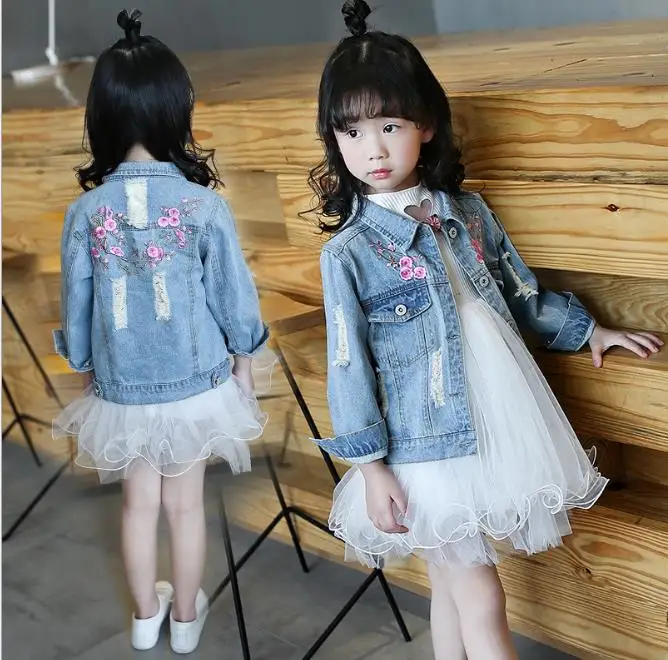 Детская джинсовая куртка с длинным рукавом для девочек детская одежда вышивкой