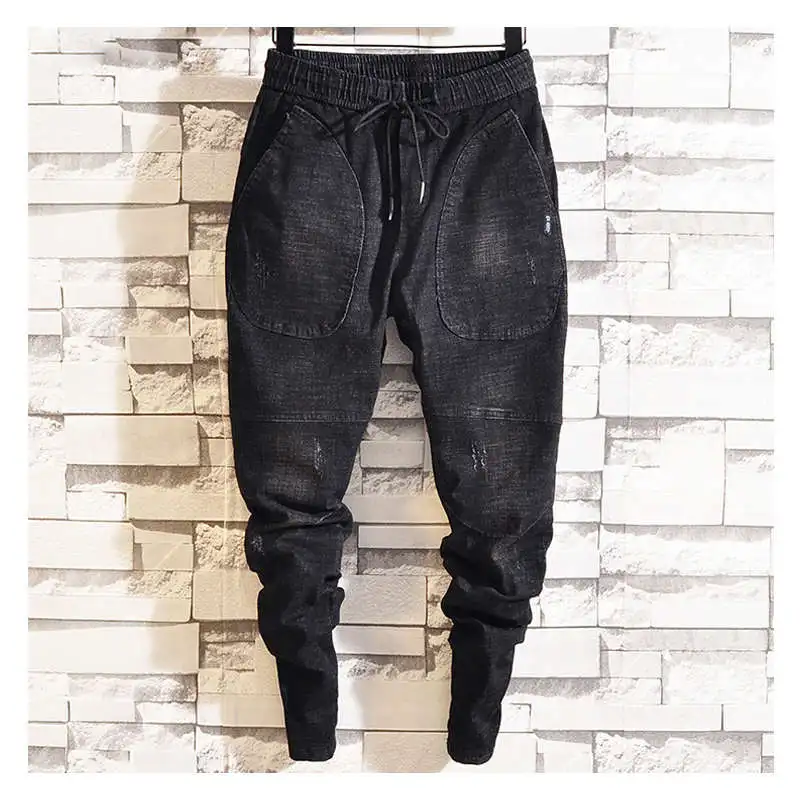Черный Idopy Spring New Men's Elastic Jeans Fashion Casual Hip Hop Loose Denim Jeans Black Blue Trousers Harem Pants Denim Joggers - Цвет: Черный