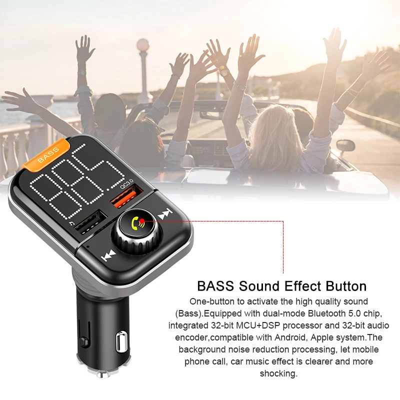 Bluetooth 5 0 Бас Звук FM передатчик для автомобиля беспроводной радио A2DP адаптер с
