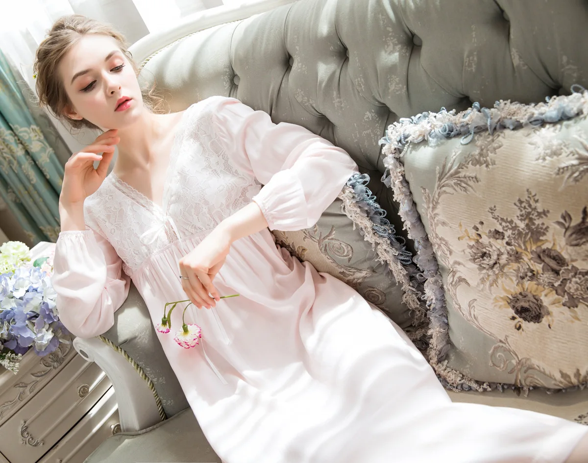 Women Long Nightgown White Sleepwear Night Dress Cotton Long Sleeve Night Gowns Female Lace Princess Nightdress Home Dress
