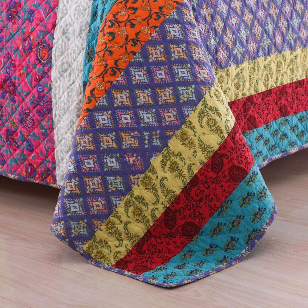 

Bohemian Stripe Quilt Sets 3-Pieces Bedspread Patchwork Bed Cover With 2*Pillowcase Queen Size Coverlet Four Season Blanket