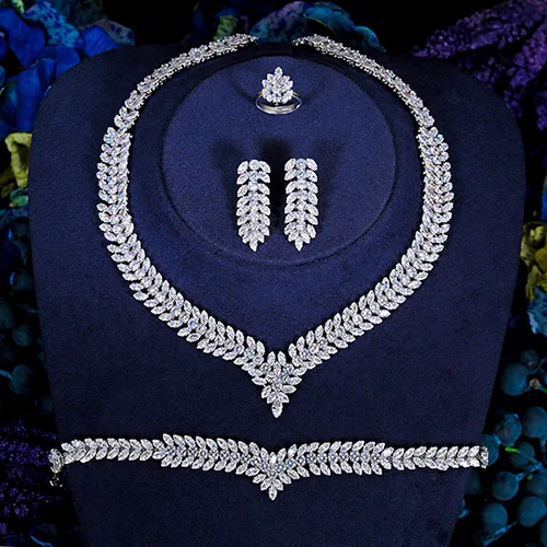 Hadiyana Pandora, кубический циркон, кристалл, 4 шт., ювелирное изделие, блестящий лист, форма, цепочка для невесты, Свадебная вечеринка, Европейский ювелирный набор, BN7630 - Окраска металла: White gold
