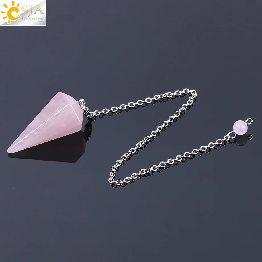 Rose Quartz CSJA большой Размеры Для мужчин Для женщин натуральный Исцеление драгоценного камня Ювелирные изделия рейки пирамида из шестиугольного маятника цепочка подвеска, амулет классический E112 - Окраска металла: Rose Quartz
