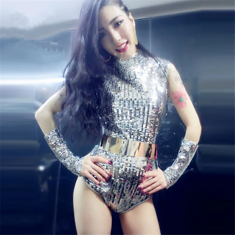 Серебристые блестки боди Женский DS костюм Бар Ночной клуб Сексуальная певица DJ