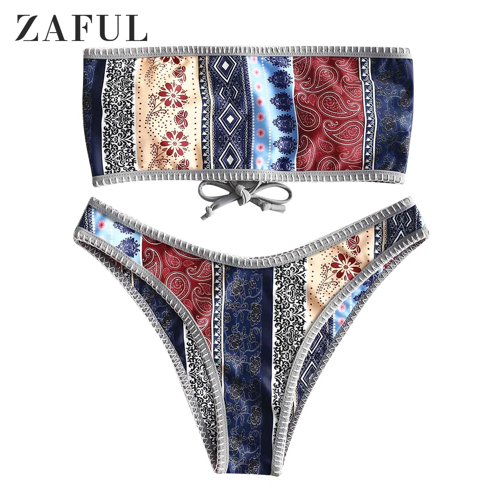 ZAFUL бикини на шнуровке с цветочным рисунком без бретелек, комплект бикини с пуш-ап и низкой талией, купальник для женщин, Одноцветный купальник, бикини, сексуальный купальник - Цвет: Multia