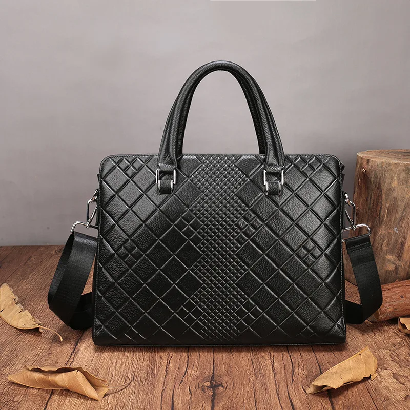 Luxury Plaid Brand Designer Natural First Layer Cow Leather Men Handbags Fashion Genuine Leather Briefcase