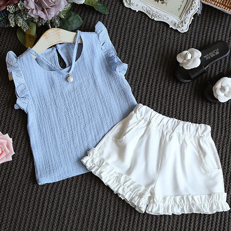 2017 Новый летний костюм для девочек жилет без рукавов с оборками и шорты комплекты