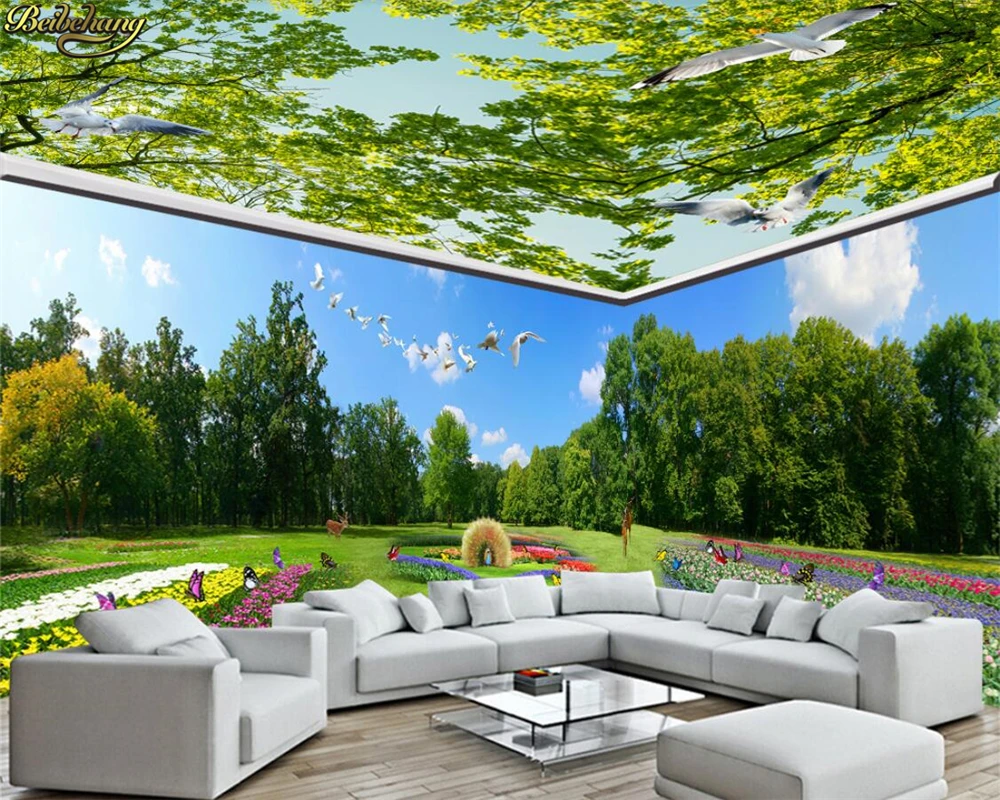 Пользовательские фотообои beibehang 3D свежая трава и птицы Бабочка голубое небо тема