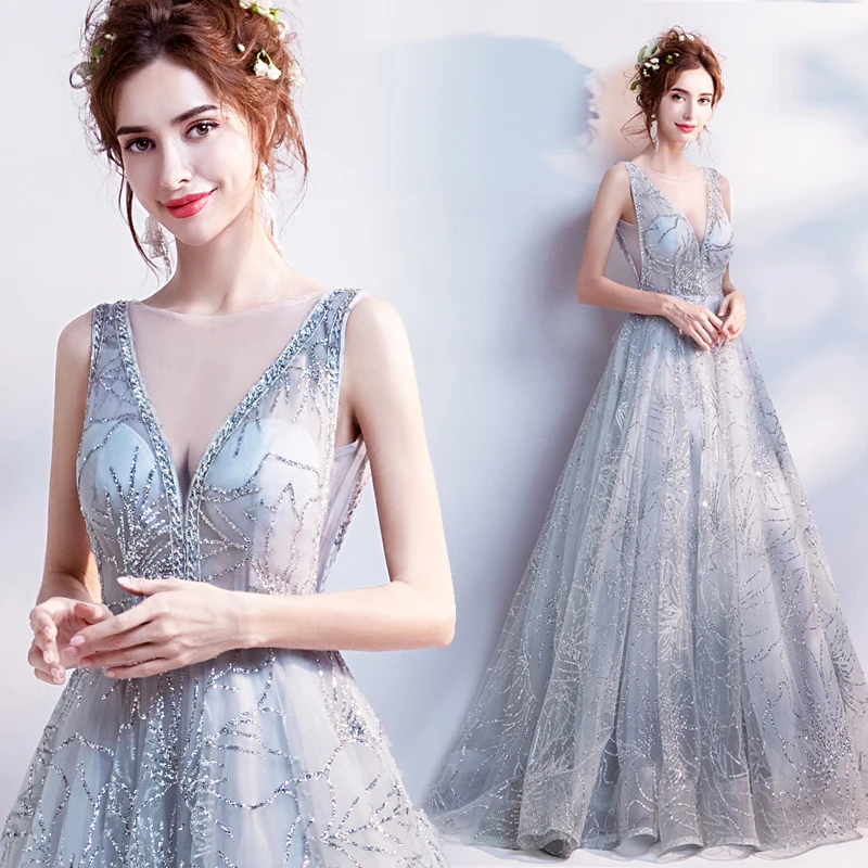 Vestido de festa A Line вечерние платья длинное сексуальное глубокое круглое декольте тюль