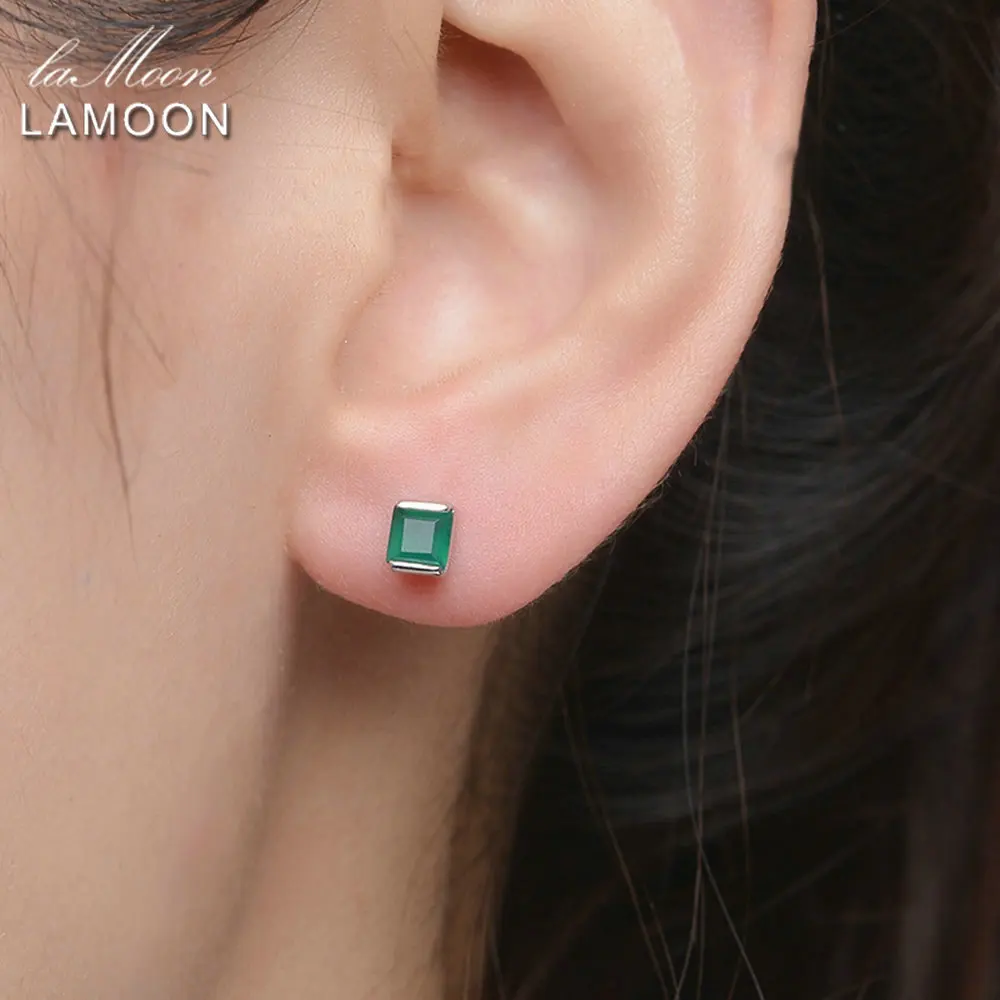 Lamoon 4 мм 0.6x2 ct Natural Green Халцедон Стерлингового Серебра 925 Простые Серьги Ювелирные