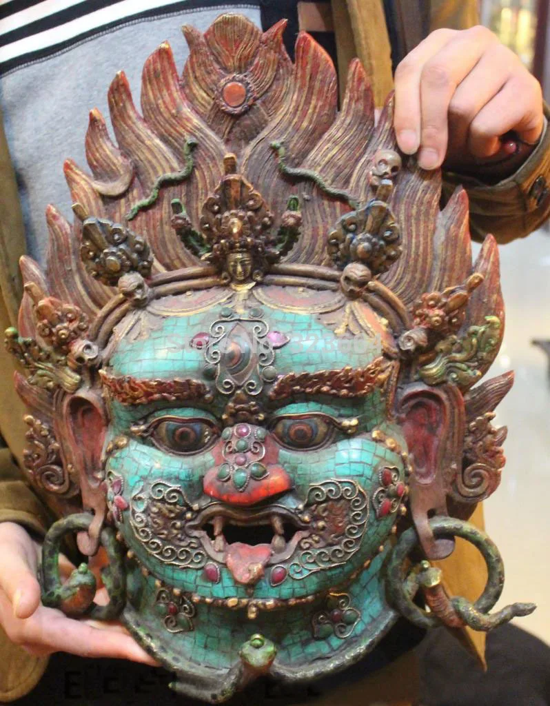 16 &quotТибетский буддизм бронзовый бирюзовый маскарадная статуя маска для