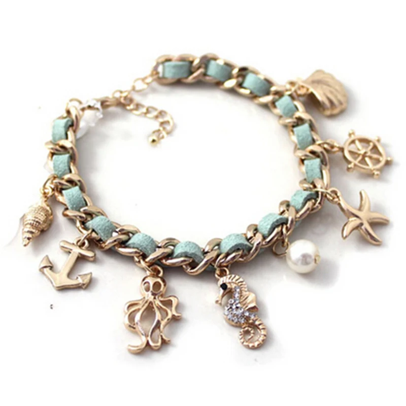 Женский кожаный браслет с подвеской в виде раковины золотого цвета|bracelets for|bracelets