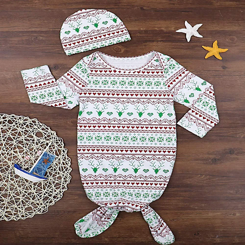 Oklady Yiner Infant Swaddle Nightgown Pattern Print Romper with Hat Sleeping Bags |