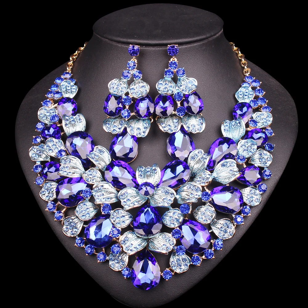 

Elegant Leaves Flower Indian Bridal Jewelry Sets Wedding Party Prom Costume Accessories Women's Crystal Necklace Earring Sets