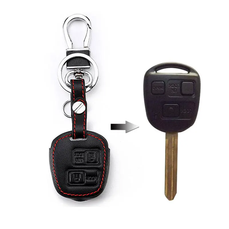 

Leather Key Case For Car 4 Buttons For Toyota Prado Camry Rav4 Car Key Cover With Keychain Key Portect