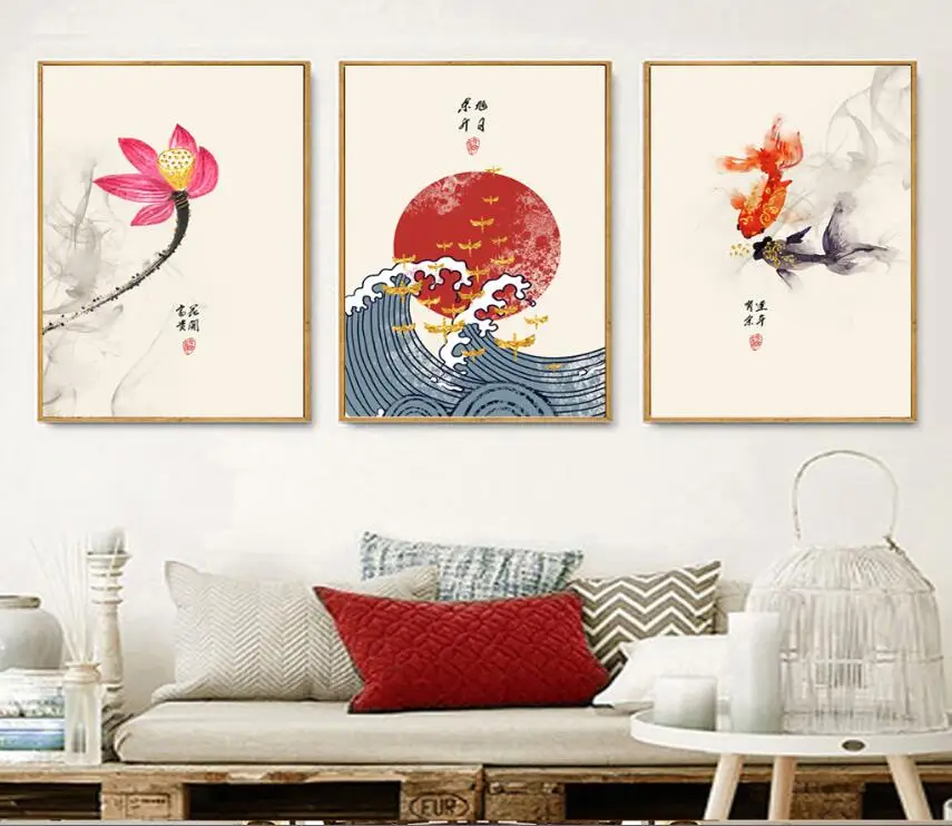 Пейзаж Китай Ретро стиль чернила лотос рыба картинка на холсте стену украшение