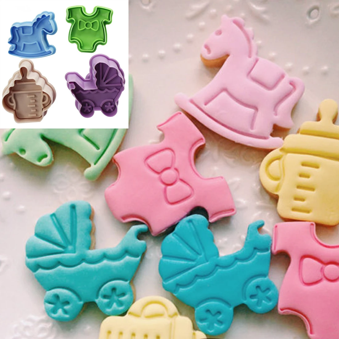 

Super 4Pcs Baby Type Plastic Baking Mold Kitchen Biscuit Cookie Cutter Pastry Plunger 3D Fondant Cake Decorating Tools