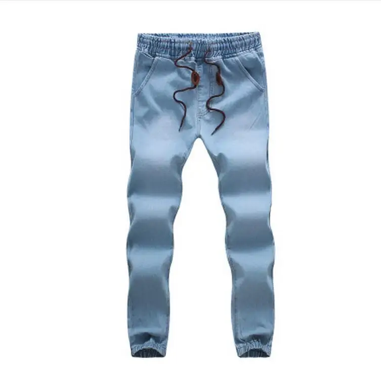 light blue Мода г. Повседневное однотонные синие джинсы джоггеры эластичный пояс шнурок для мужчин промывают хип хоп дамские шаровары Лидер продаж - Цвет: light blue