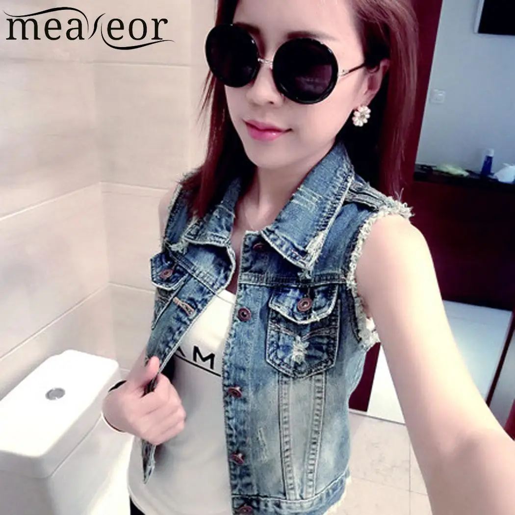 Turn Casual Women Down Collar Sleeveless Frayed Denim Vest Jacket | Женская одежда