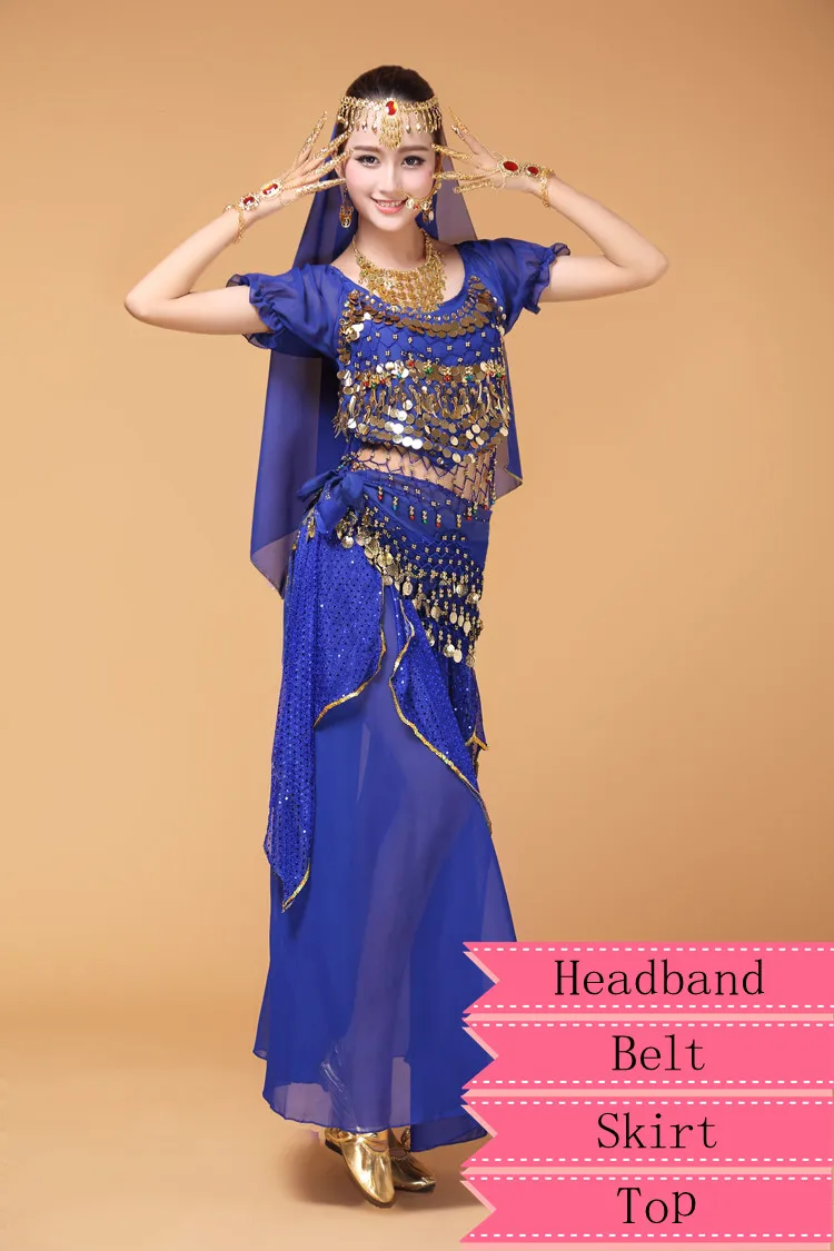 Royal Blue 4pcs Стиль танец живота комплект одежды индийская одежда для выступлений 4 шт.-7 шт. короткий рукав, юбка, пояс, повязка на голову, браслет, ожерелье и серьги - Цвет: Royal Blue 4pcs