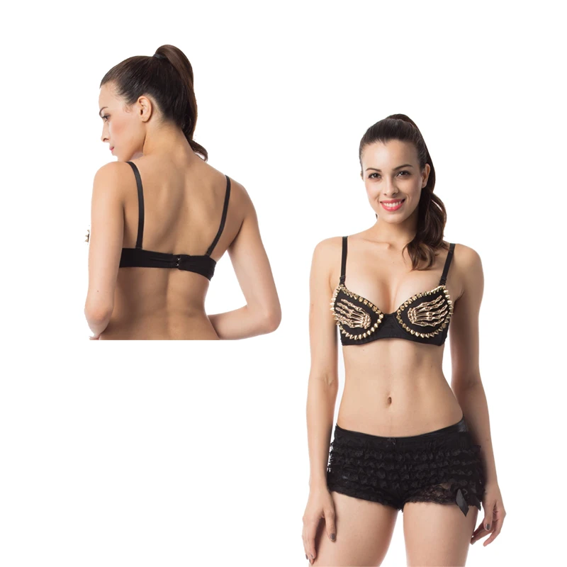 Женский бюстгальтер с заклепками золотистый эффектом пуш-апа и в стиле панк |