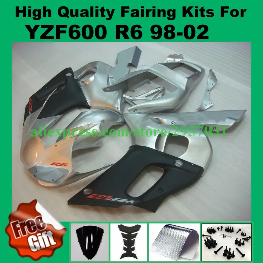 

Free screws+gifts Silver Motorcycle fairing fit for YAMAHA YZF R6 98 99 00 01 02 1998 1999 2000 2001 2002 fairings kits