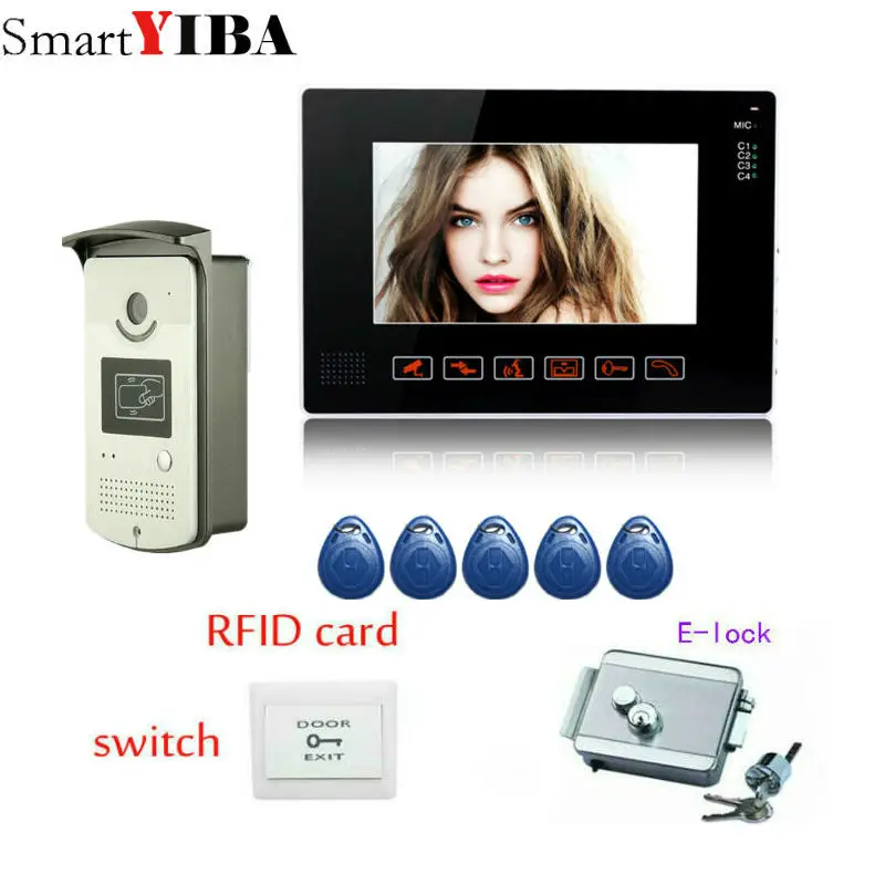 

SmartYIBA Video Doorphone 9" Video Intercom+Exit Button+Power Supply Control ID Cards Doorbell Door Phone for Villa Families