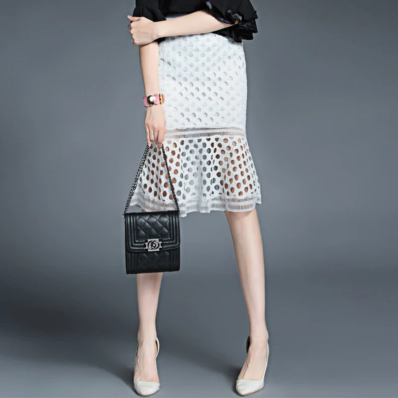 2018 Весна Винтаж выдалбливают кружевная юбка для женщин тонкий высокая