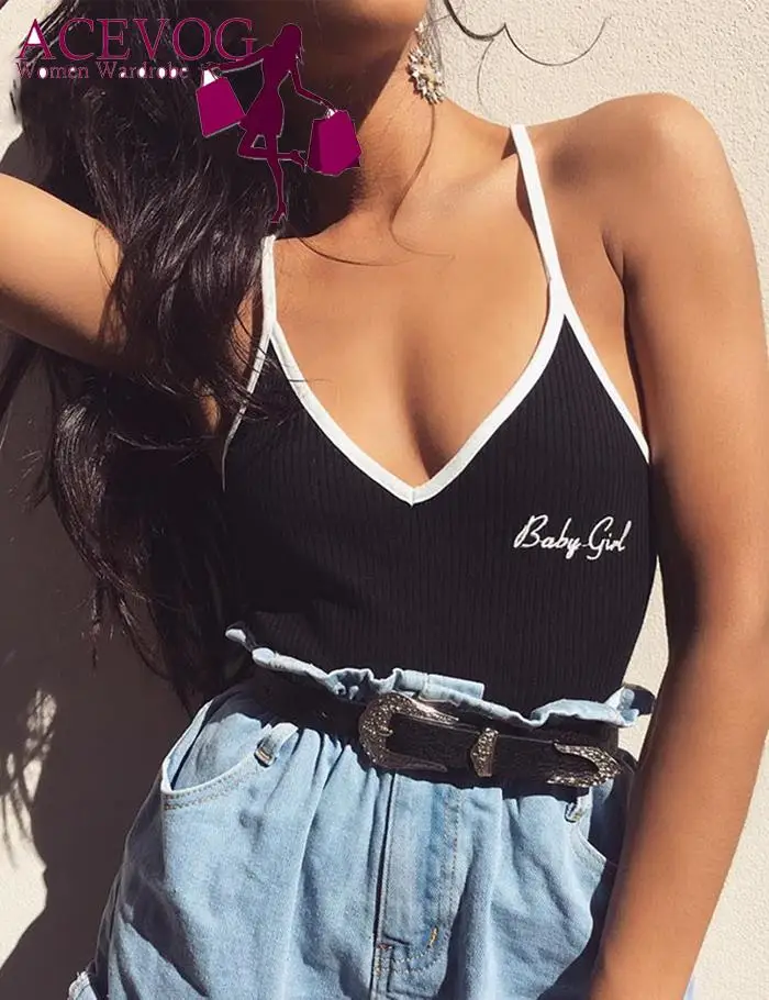 Letter Casual Sexy V-Neck Spaghetti Strap Women Print Embroidery Slim Bodysuits | Женская одежда