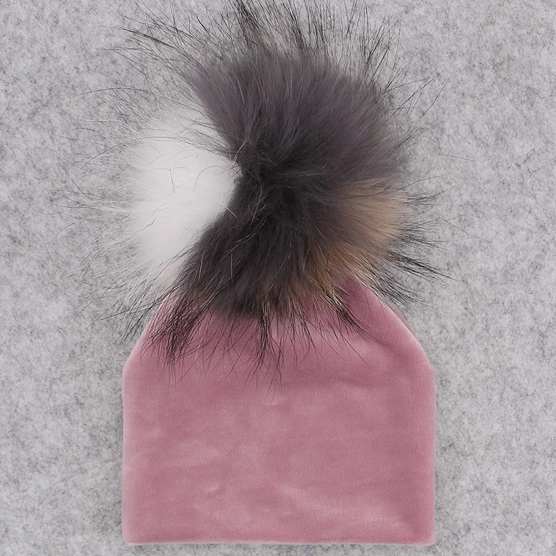 GZHILOVINGL Real Fur Pom Pom Baby Girls Boys Hat Warm Winter Knitted Velvet Hat Toddler Kids Soft Thick Flannel Beanies Pompoms