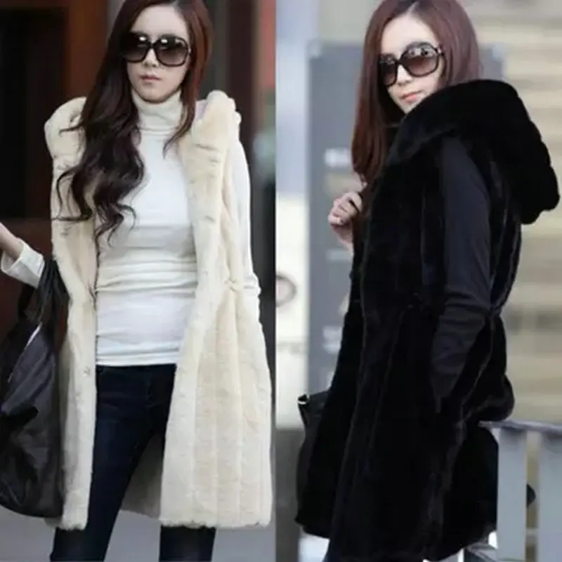 Женский меховой жилет пальто из искусственного меха средней длины с капюшоном