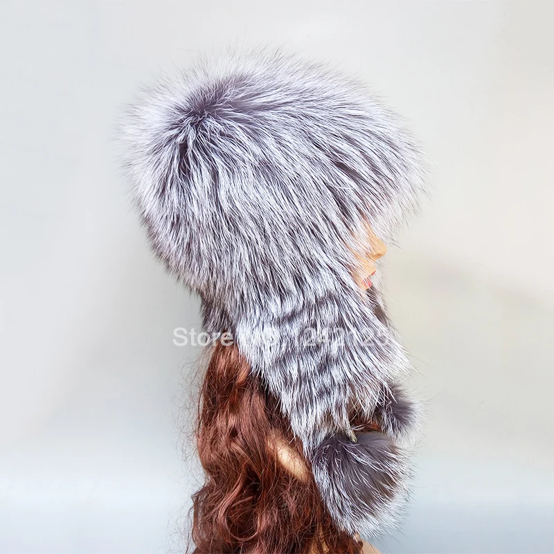 New Winter Russia Women girl Female real silver fox fur hat pompom warm outdoor genuine ear Earmuff hats caps | Детская одежда и