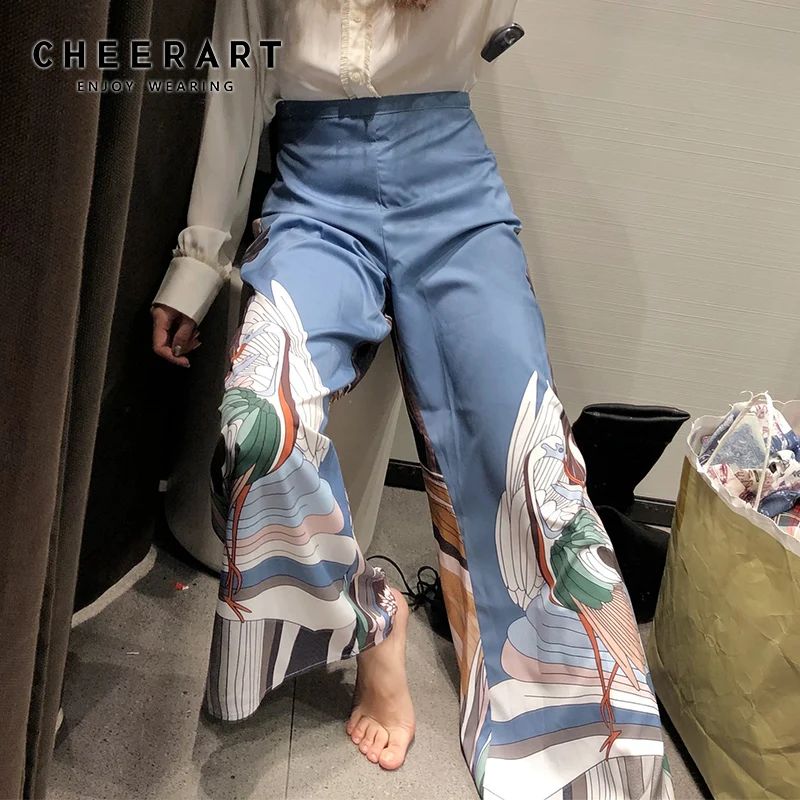 CHEERART Japanese Wide Leg Pants Women Ukiyoe Print Summer Loose Trousers Palazzo Blue Clothing | Женская одежда