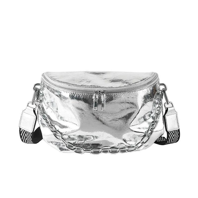 

WOONAM Women Fashion Handbag Top Hide Genuine Calf Leather Metallic Silver Half Moon Shoulder Bag WB990