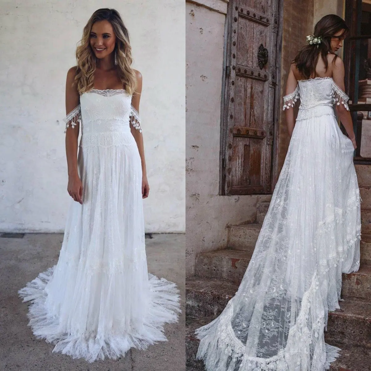 

Летнее пляжное платье Boho, кружевные свадебные платья с открытыми плечами, винтажное платье во французском стиле, 2019