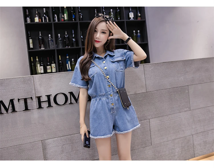 New Summer Wide Leg Jumpsuit Shorts Casual Short Sleeve Denim Rompers Loose Women Playsuit Blue Button Jeans Overalls Femme