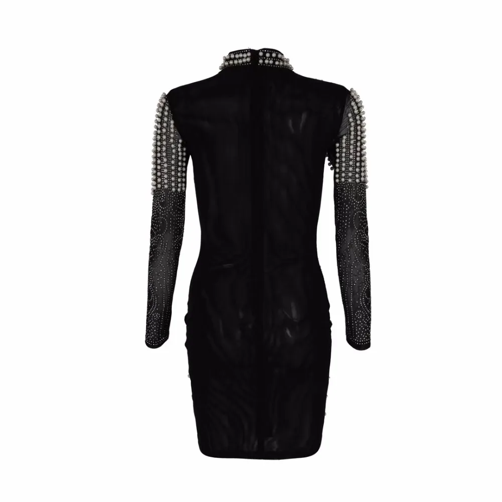 

2019 New Women black Mesh dress Beading Vestidos O-Neck long sleeve Celebrity evening party bodycon bandage dresses wholesale