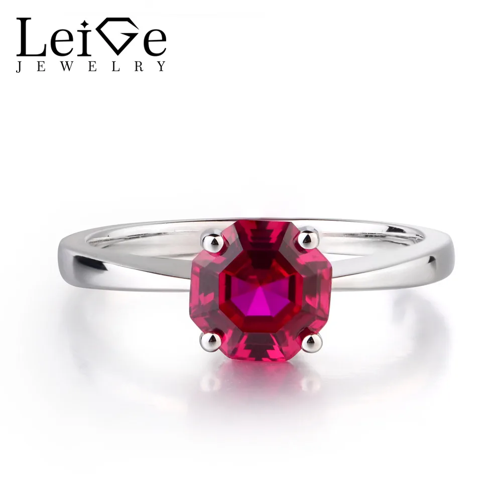 

Leige Jewelry Lab Created Ruby 925 Sterling Silver July Birthstone Octagon Cut Engagement Solitaire Rings For Woman