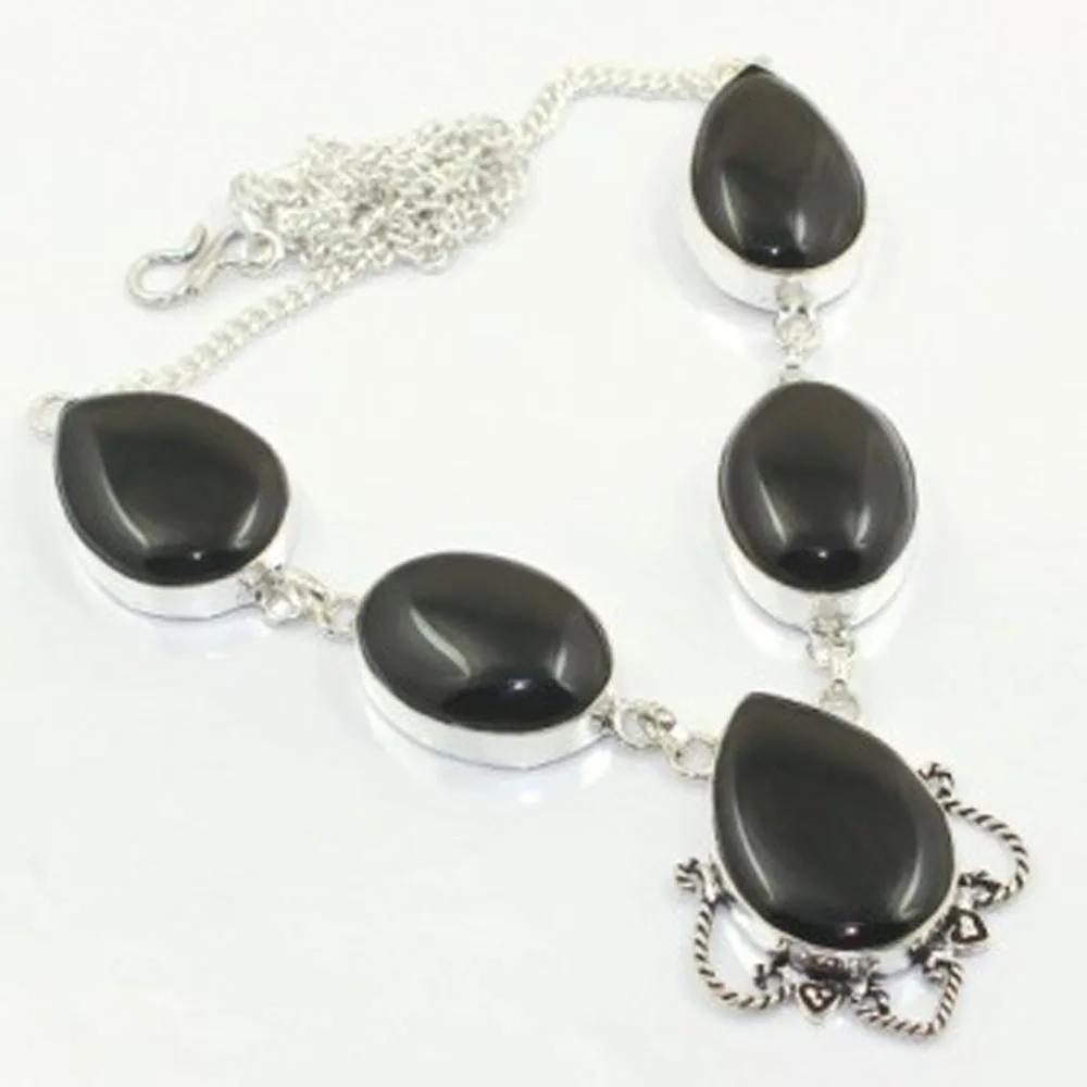 

Black Onyx Necklace Silver Overlay over Copper, 49.5 cm , N3543