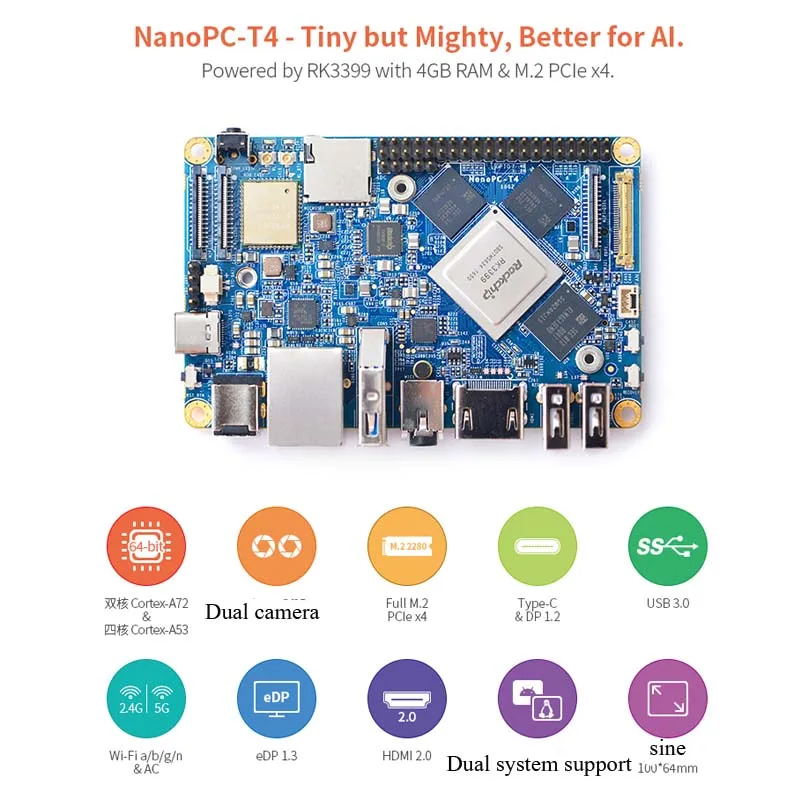NanoPC T4 Minimal Rockchip RK3399 Soc 4 Гб ОЗУ 16 eMMC AI и приложения для глубокого обучения
