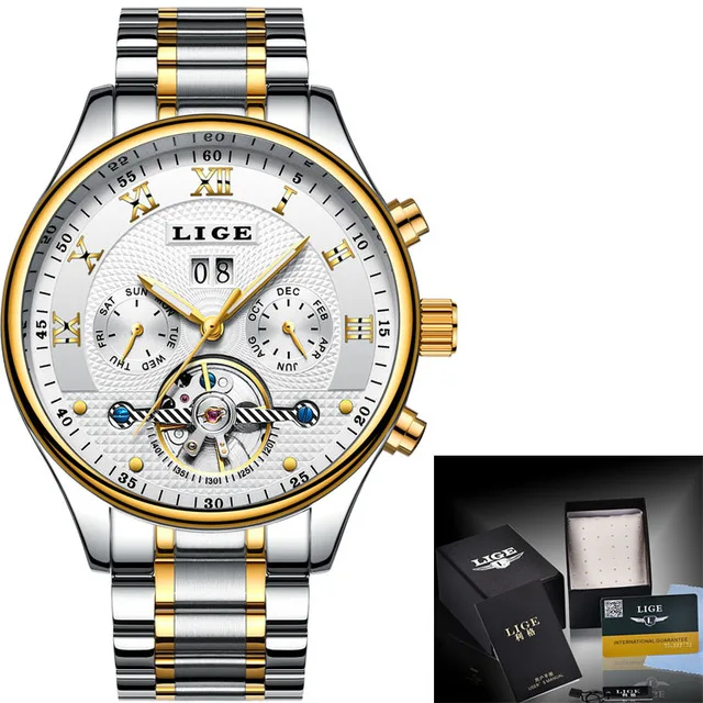 LIGE Fashion Sports Watch Men Business Leather Clock Mens Watches Top Brand Luxury Automatic Mechanical Watch Relogio Masculino - Color: gold White steel