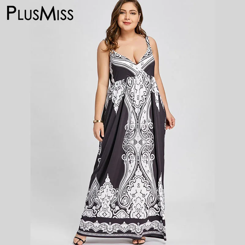 PlusMiss размера плюс 5XL арабских принтом спагетти ремень Макси длинное платье