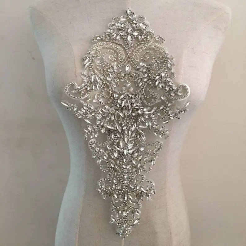 

1 piece rhinestone bridal neckline applique for bridal dress 19*38cm