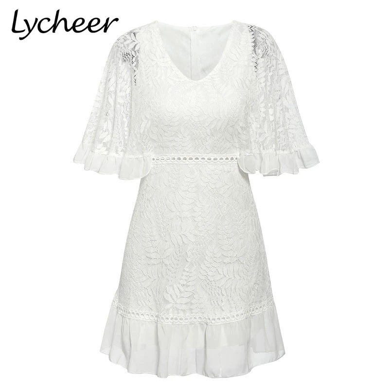 Lycheer Plus size ruffled lace embroidery lining women dress Vintage hollow out high waist sexy V-neck A-line party | Женская одежда
