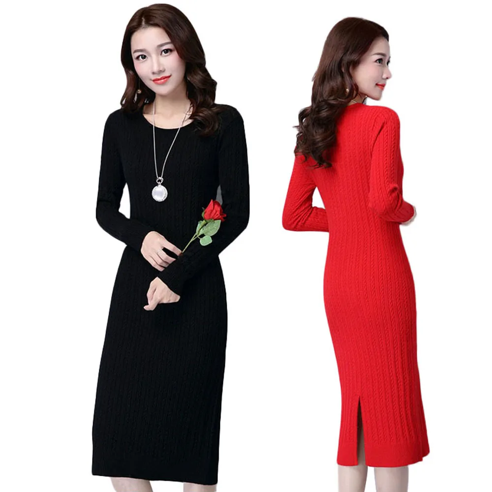 Футболка с длинным рукавом свитер платье трикотажные Crewneck выше колена Bodycon