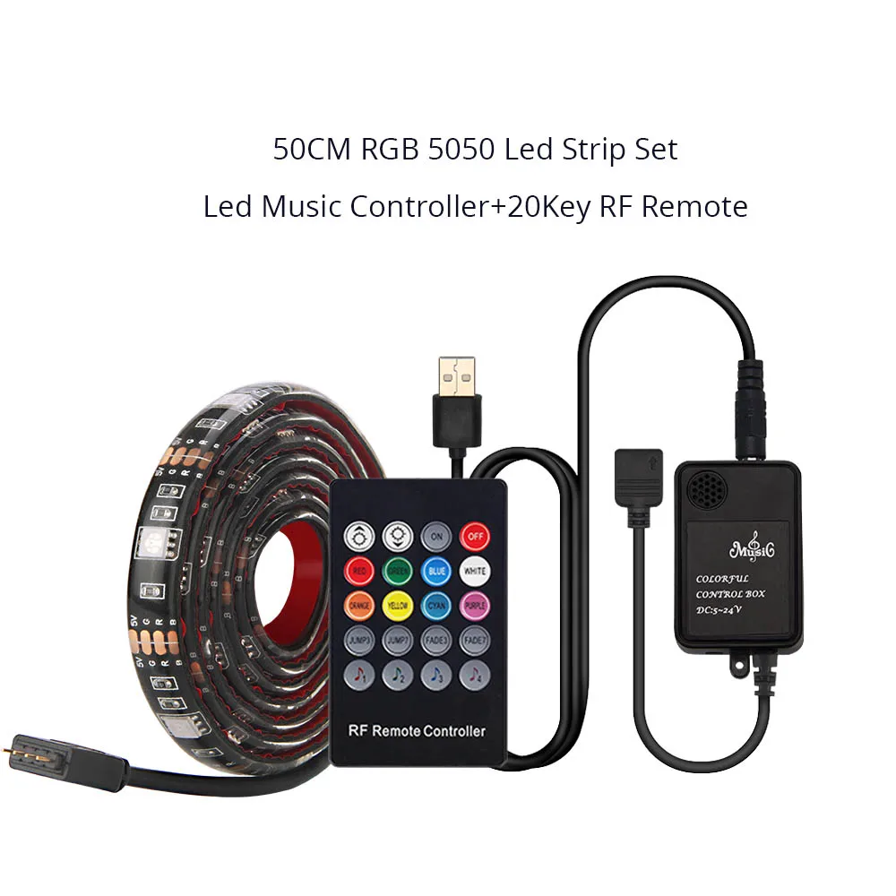 USB светодиодный светильник, комплект, Bluetooth контроллер RGB 5050 для ТВ, фоновый светильник, Диодная лента IP20/IP65, водонепроницаемая, 0,5 м 1 м 2 м - Испускаемый цвет: 0.5M Music Set