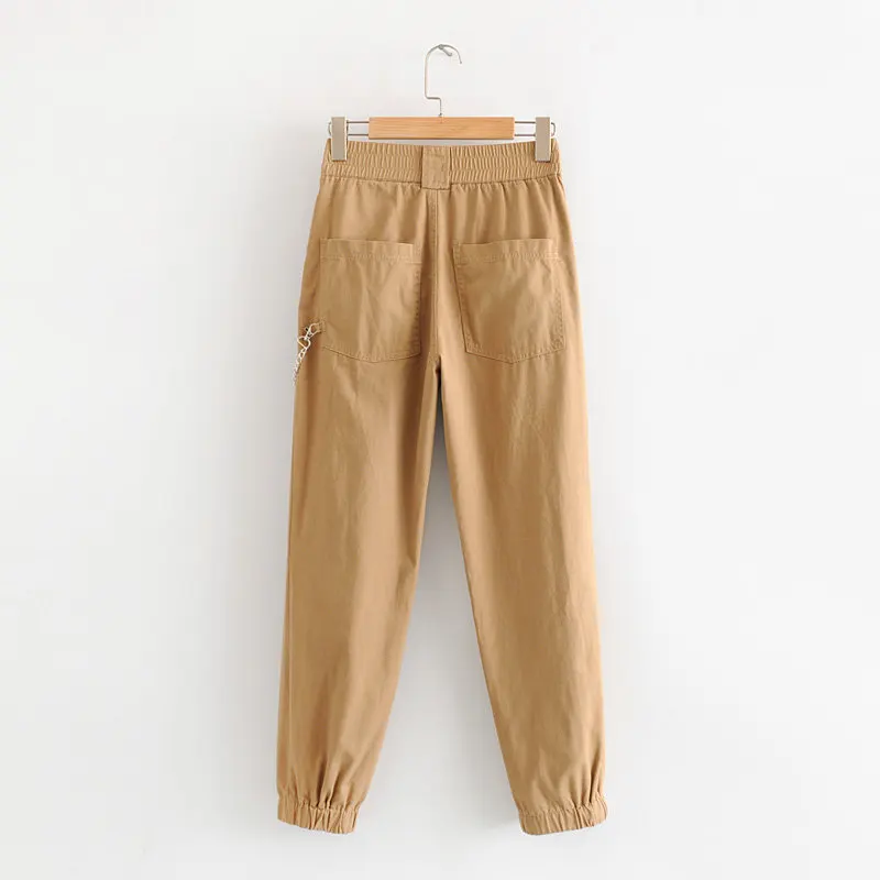 Увядшие брюки карго для женщин с цепочкой high street хаки Твердые pantalones mujer pantalon femme шаровары брюки для женщин